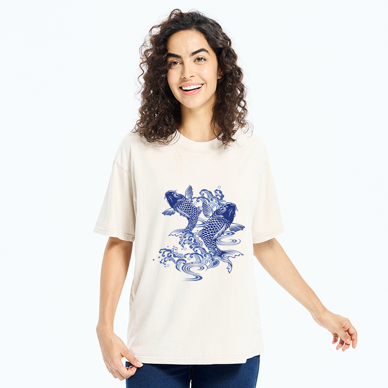 Tokyo-Tiger Traditional Koi Pattern Washed T-Shirt