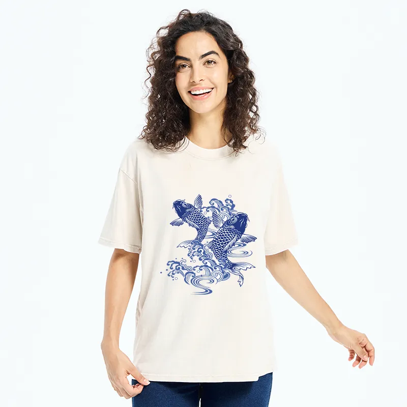 Tokyo-Tiger Traditional Koi Pattern Washed T-Shirt