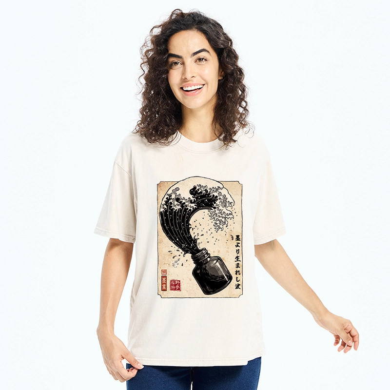 Tokyo‑Tiger Ink Wave Bottle Art Washed T‑Shirt