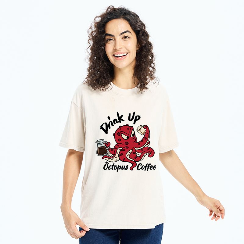 Tokyo-Tiger Red Octopus Drinking Coffee Washed T-Shirt