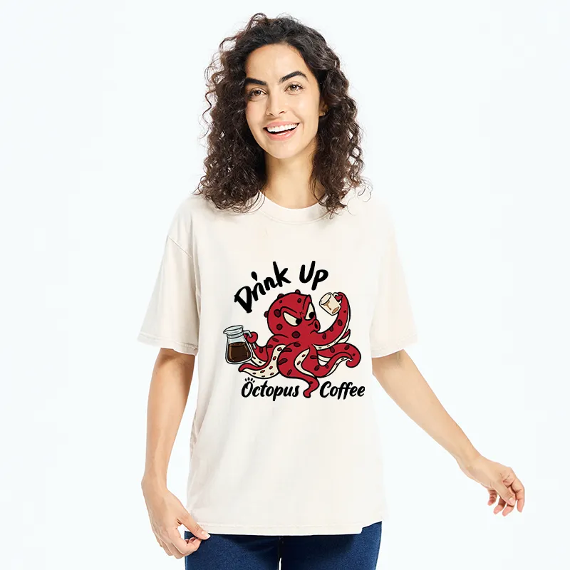 Tokyo-Tiger Red Octopus Drinking Coffee Washed T-Shirt