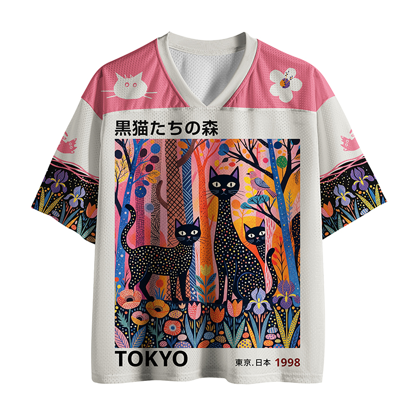 Tokyo-Tiger Black Cats In Floral Forest Mesh Jersey