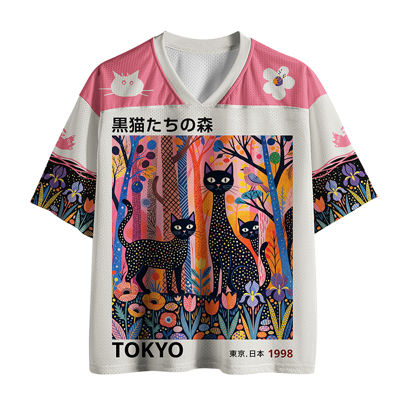 Tokyo-Tiger Black Cats In Floral Forest Mesh Jersey