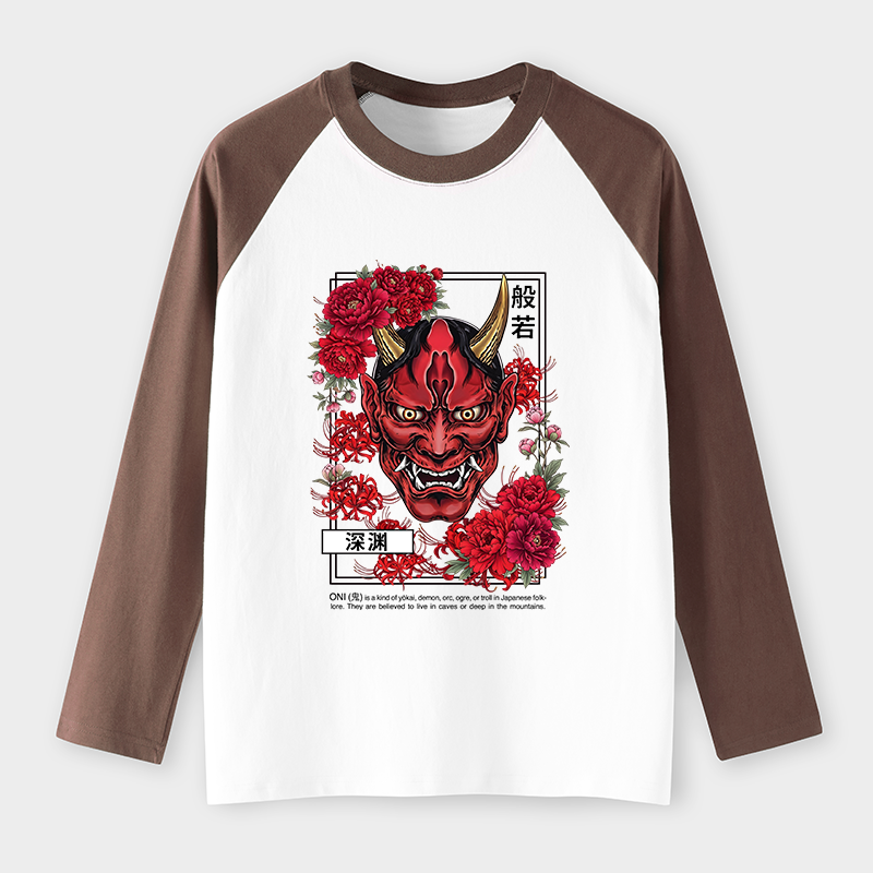 Tokyo-Tiger Cool Oni Floral Art Raglan Long Sleeve T-shirt