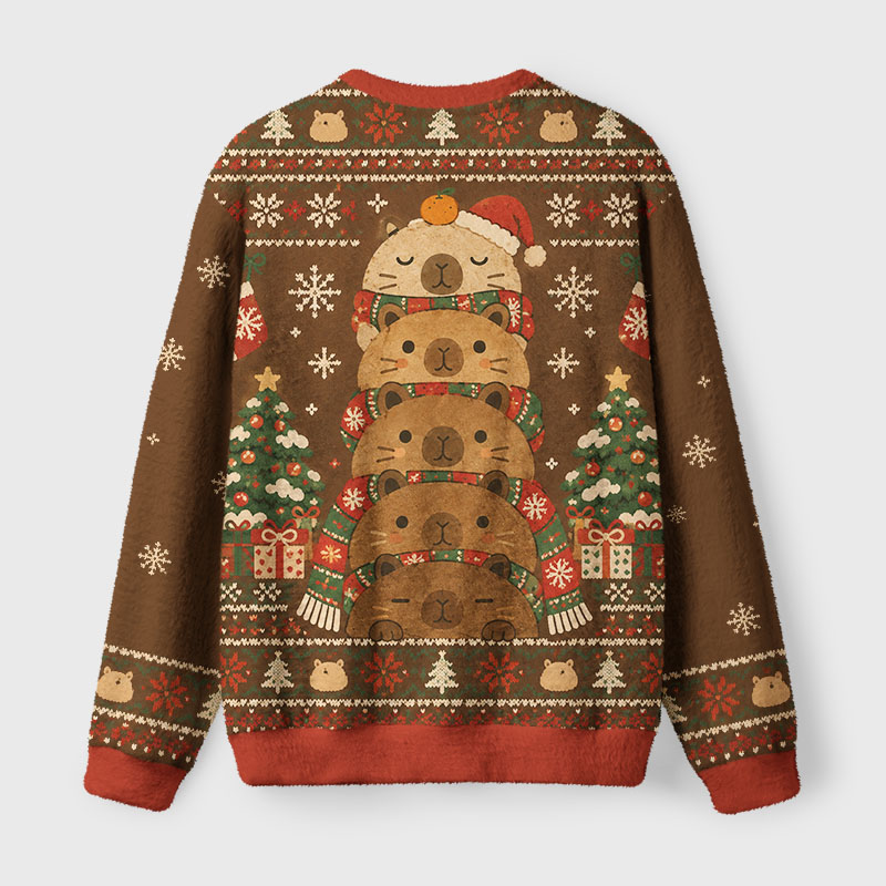Tokyo-Tiger Stacked Cute Capybara Fuzzy Christmas Ugly Sweatshirt