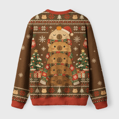 Tokyo-Tiger Stacked Cute Capybara Fuzzy Christmas Ugly Sweatshirt