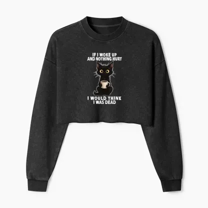 Tokyo-Tiger Funny Cute Black Cat And Coffee Meme Washed Crop Sweatshirt