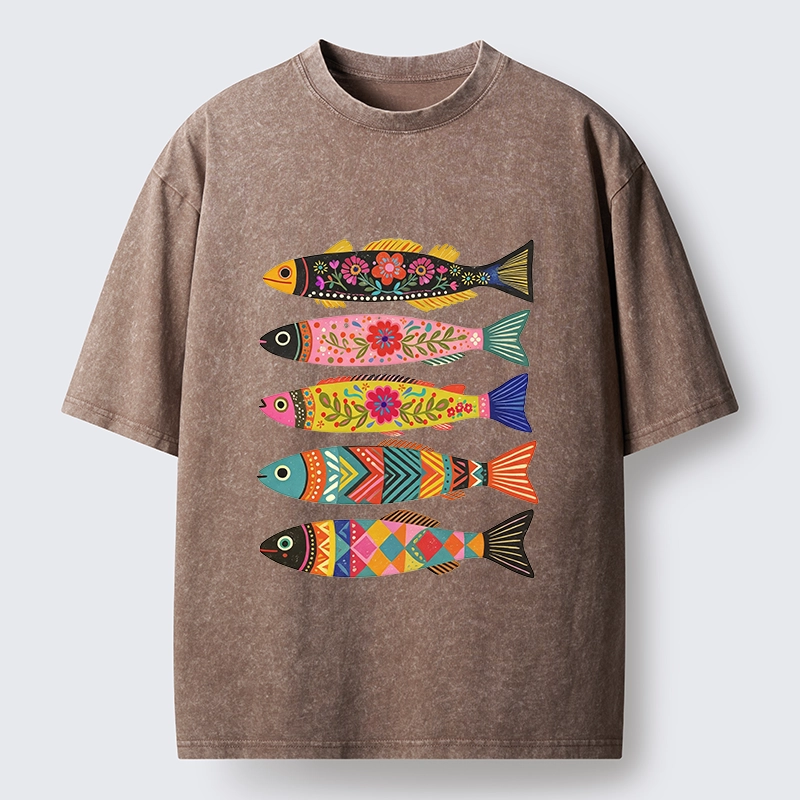 Tokyo-Tiger Colorful Patterned Fish Washed T-Shirt