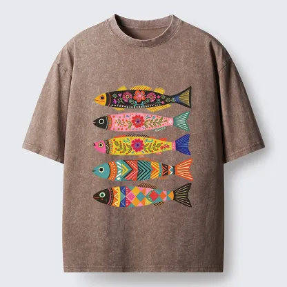 Tokyo-Tiger Colorful Patterned Fish Washed T-Shirt
