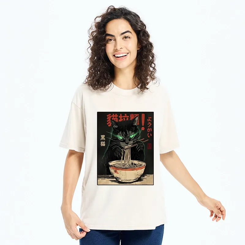 Tokyo‑Tiger Black Cat Ramen Feast Washed T‑Shirt