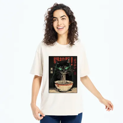 Tokyo‑Tiger Black Cat Ramen Feast Washed T‑Shirt