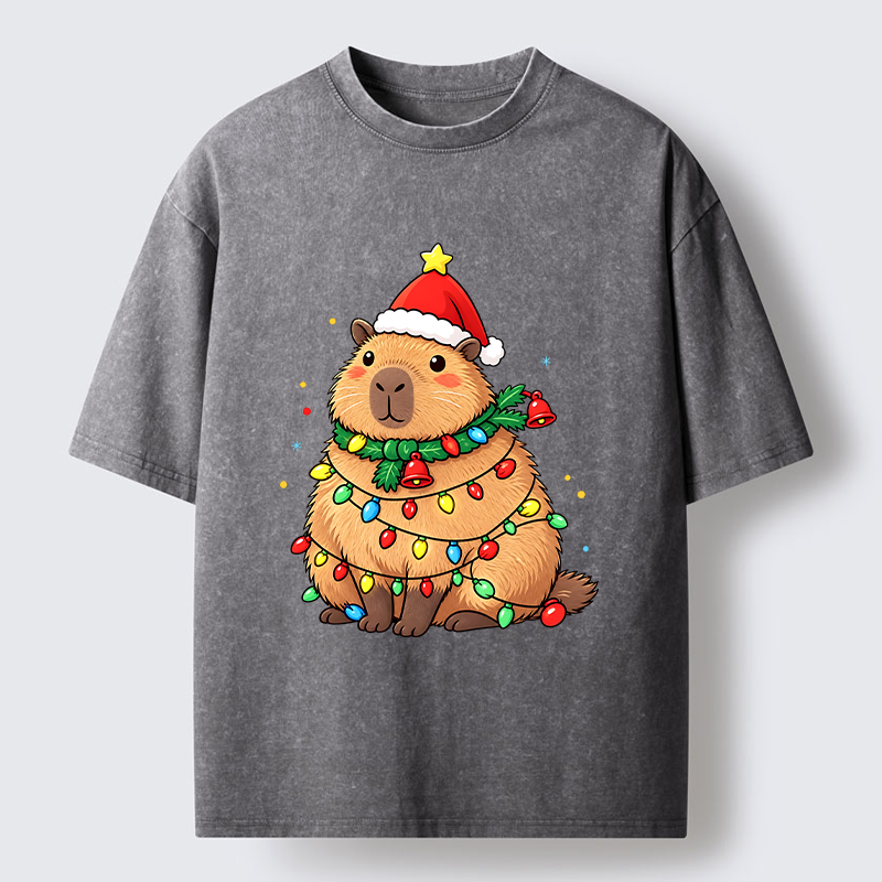 Tokyo-Tiger Chill Capybara In Christmas Outfit Washed T-Shirt