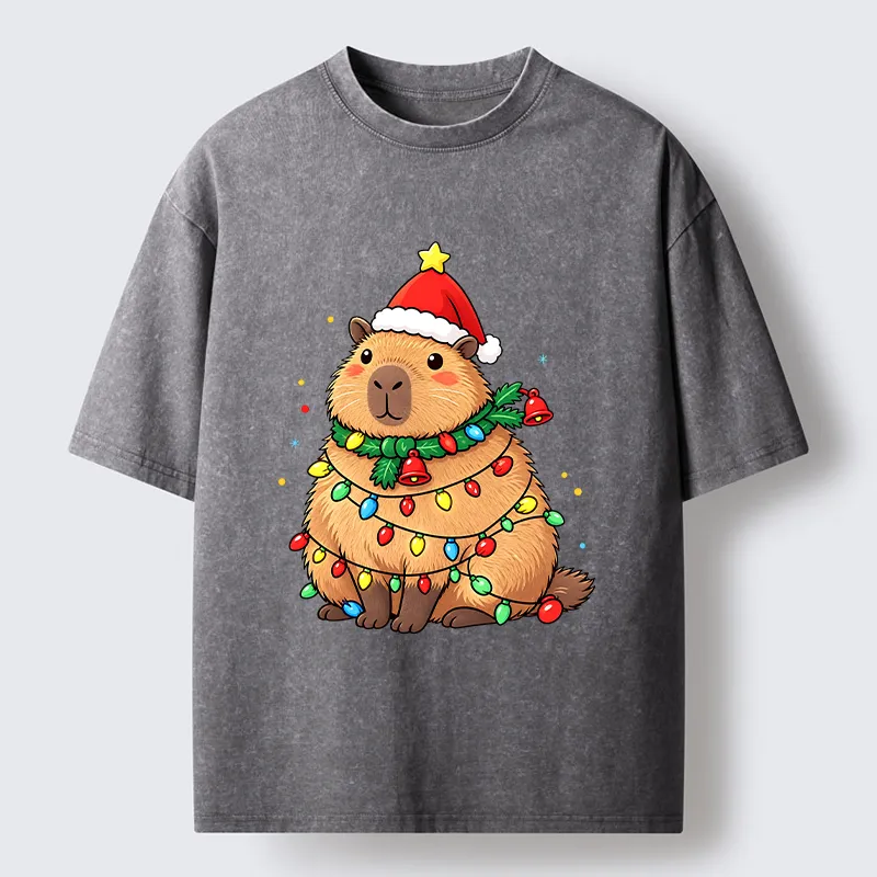 Tokyo-Tiger Chill Capybara In Christmas Outfit Washed T-Shirt