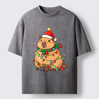 Tokyo-Tiger Chill Capybara In Christmas Outfit Washed T-Shirt