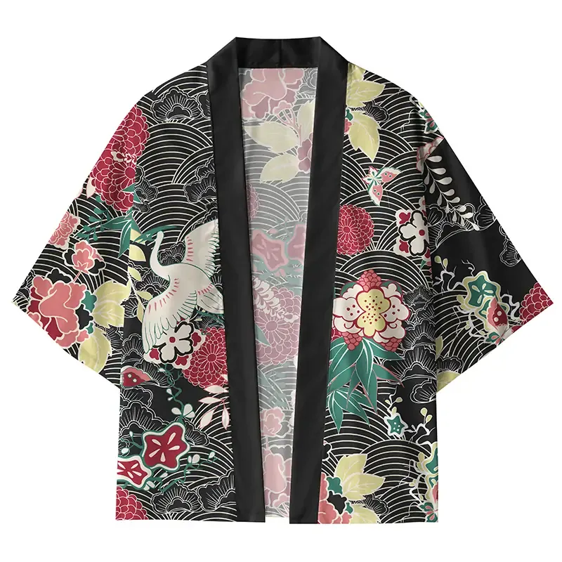 Tokyo-Tiger Crane and Flowers Kimono Cardigan