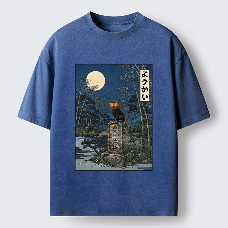 Tokyo‑Tiger Funny Ghost Cat Washed T‑Shirt
