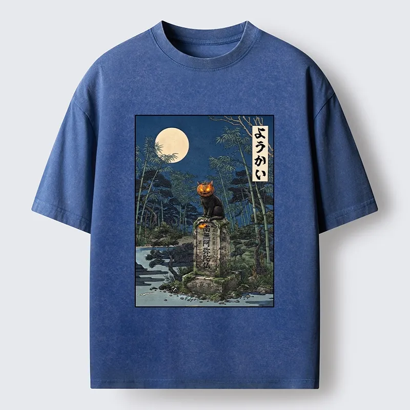 Tokyo‑Tiger Funny Ghost Cat Washed T‑Shirt