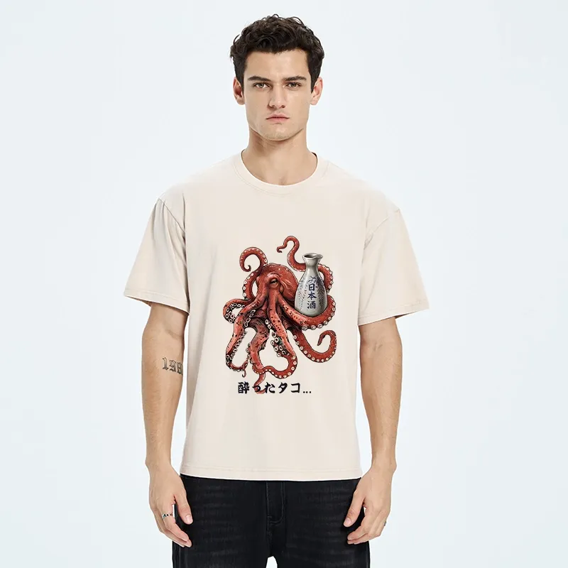 Tokyo-Tiger Japanese Drunken Octopus Sake Pot Art Washed T-Shirt