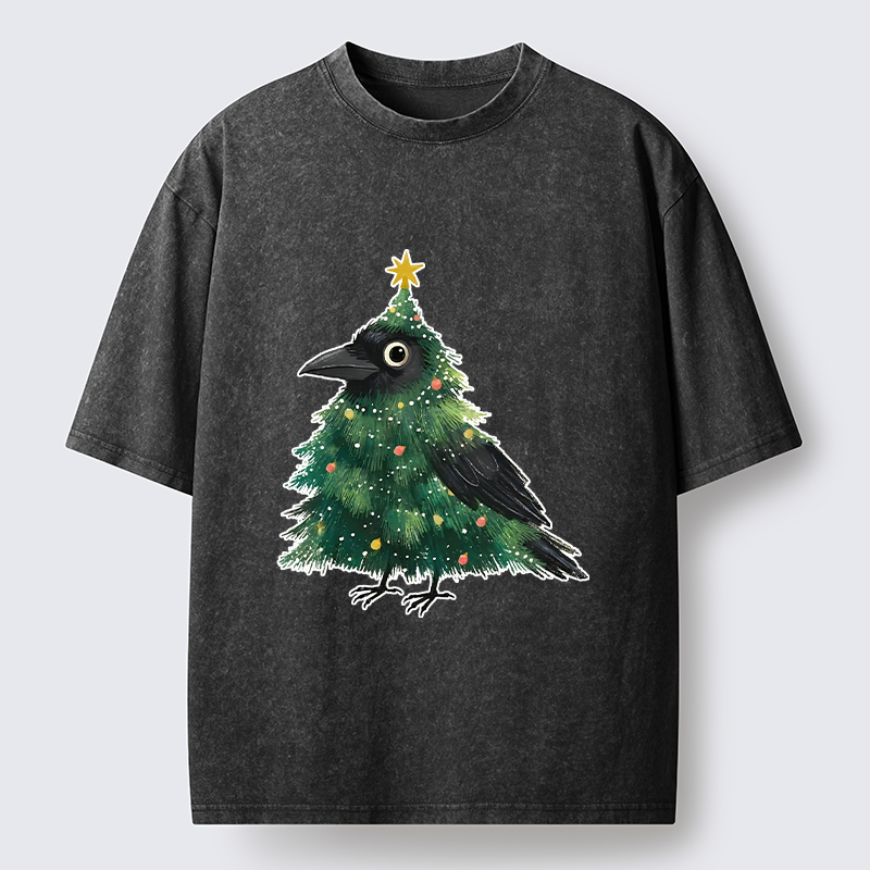 Tokyo-Tiger Cute Christmas Tree Crow Washed T-Shirt