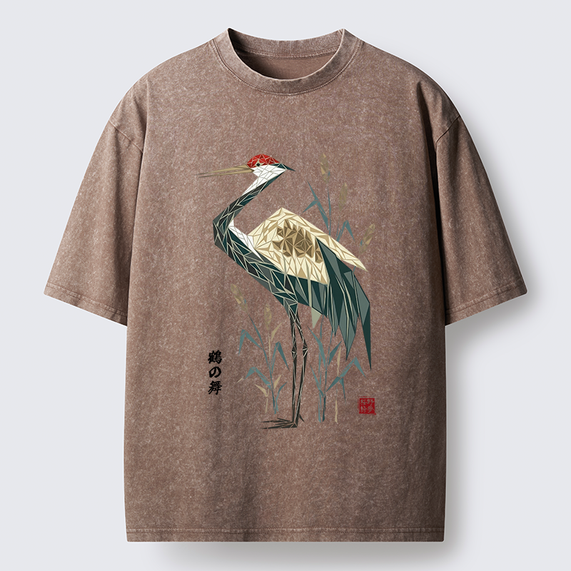 Tokyo-Tiger Geometric Crane Oriental Art Washed T-Shirt
