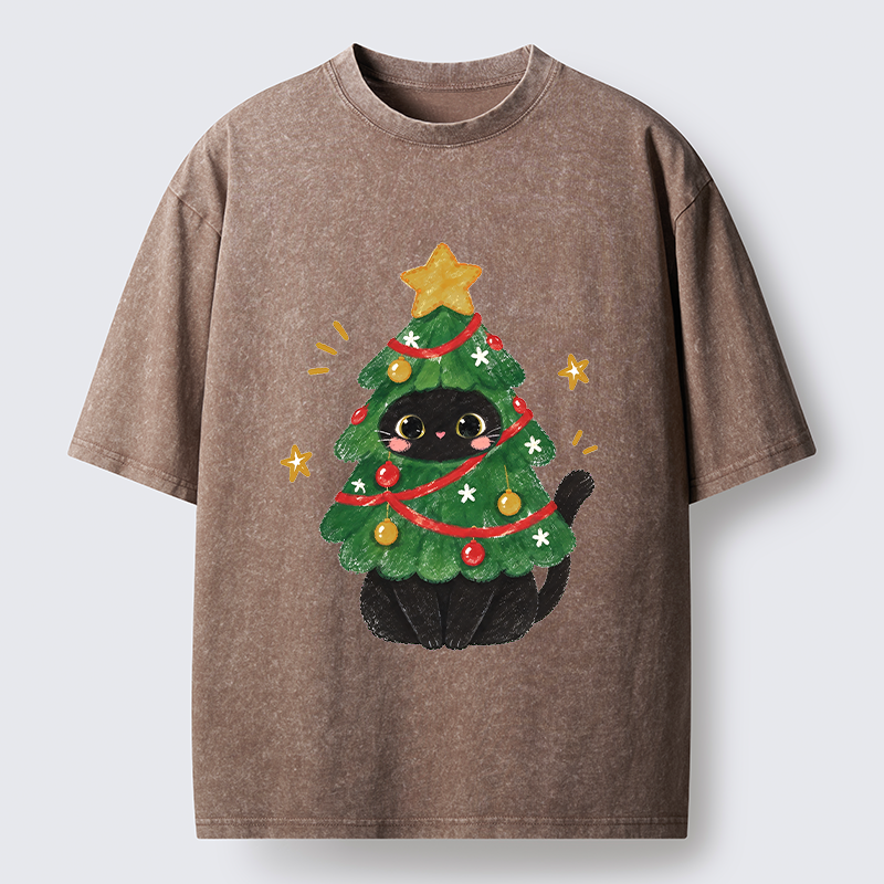 Tokyo-Tiger Christmas Tree Black Cat Washed T-Shirt