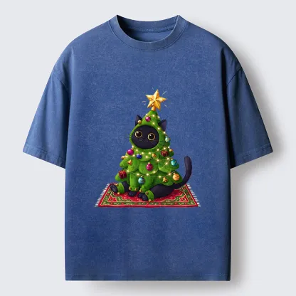 Tokyo-Tiger Cute Christmas Tree Cat Washed T-Shirt