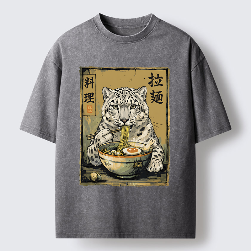 Tokyo-Tiger Ramen Snow Leopard Meme Washed T-Shirt