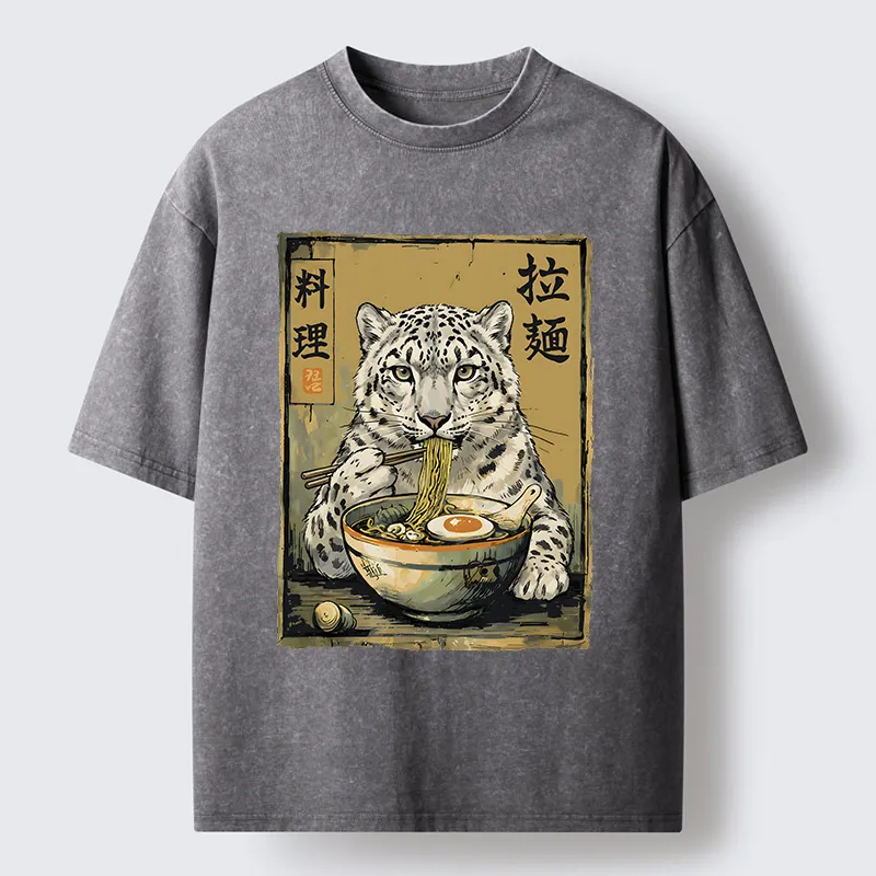Tokyo-Tiger Ramen Snow Leopard Meme Washed T-Shirt