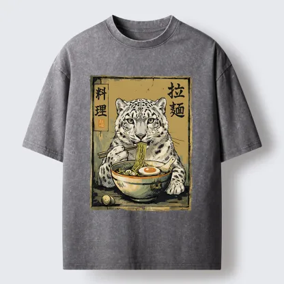 Tokyo-Tiger Ramen Snow Leopard Meme Washed T-Shirt