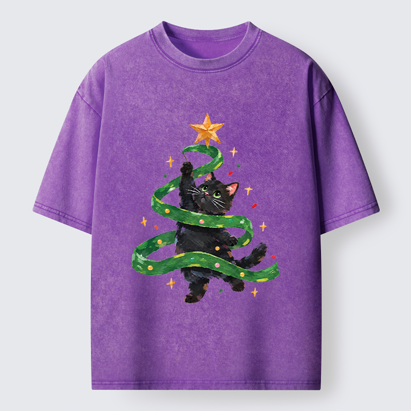 Tokyo-Tiger Black Cat Christmas Tree Ribbon Washed T-Shirt