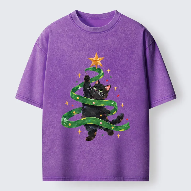 Tokyo-Tiger Black Cat Christmas Tree Ribbon Washed T-Shirt