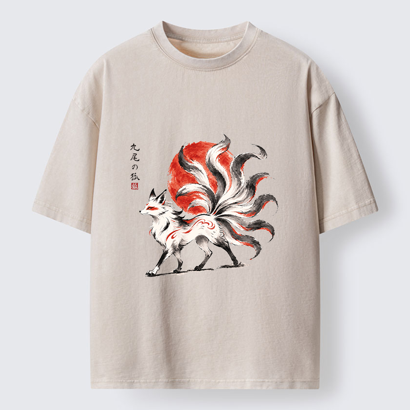 Tokyo-Tiger Nine-Tailed Fox Ink Art Washed T-Shirt