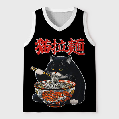 Tokyo-Tiger Cat Eating Ramen Japanese Style Mesh Tank Top