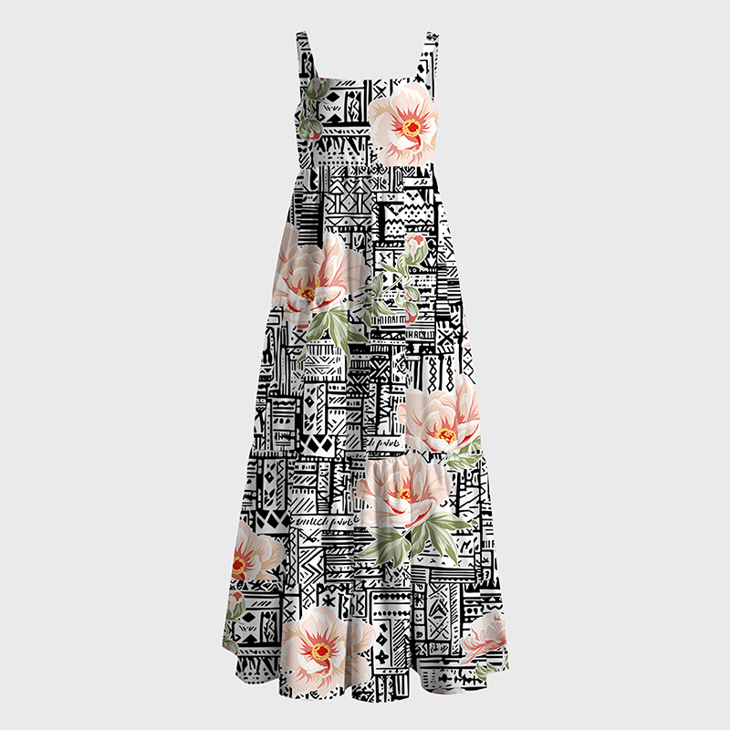 Tokyo-Tiger Flowers In Line Art Maxi Dress