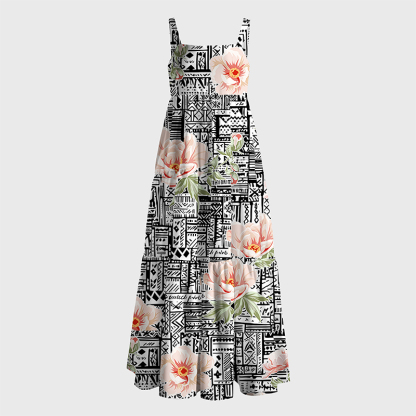 Tokyo-Tiger Flowers In Line Art Maxi Dress