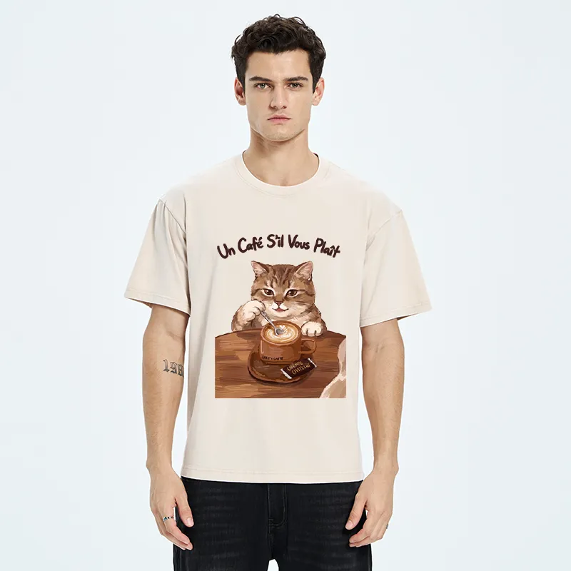 Tokyo-Tiger Cat Stirring Coffee Washed T-Shirt
