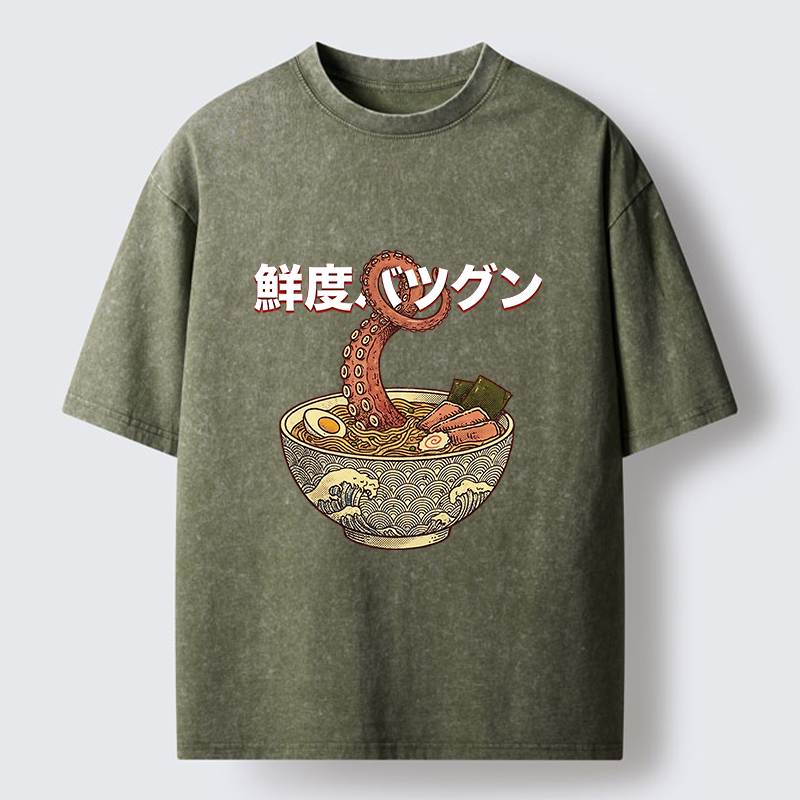 Tokyo-Tiger Octopus Ramen Meme Washed T-Shirt