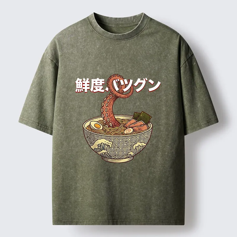 Tokyo-Tiger Octopus Ramen Meme Washed T-Shirt