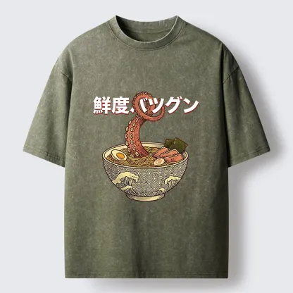 Tokyo-Tiger Octopus Ramen Meme Washed T-Shirt