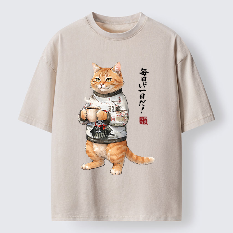 Tokyo‑Tiger Sweater Cat Coffee Washed T‑Shirt