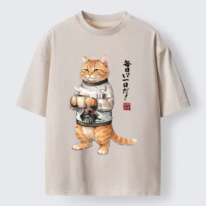 Tokyo‑Tiger Sweater Cat Coffee Washed T‑Shirt