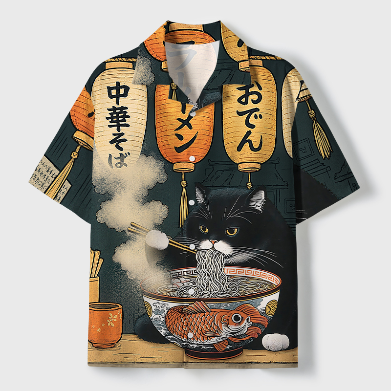 Tokyo-Tiger Fat Cat Eating Ramen Cuban Collar Shirt