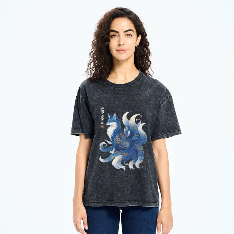 Tokyo-Tiger Serene Fox In Japanese Ink Style Washed T-Shirt