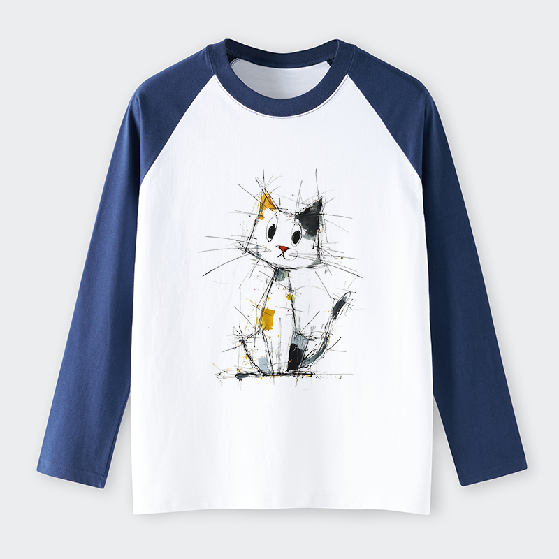 Tokyo-Tiger Minimal Splash Ink Cute Cat Raglan Long Sleeve T-shirt