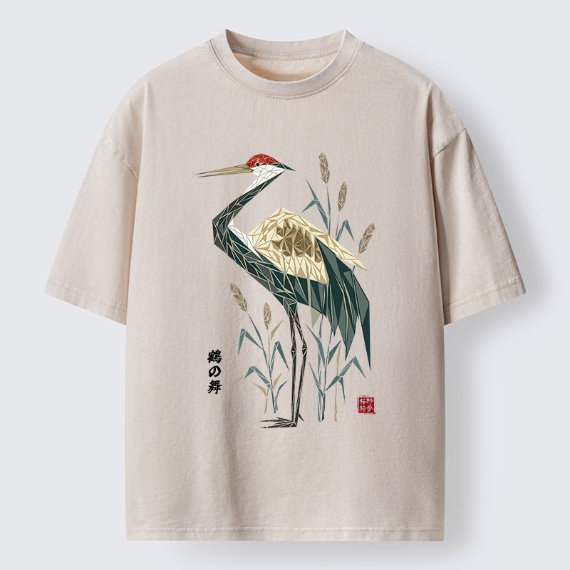 Tokyo-Tiger Geometric Crane Oriental Art Washed T-Shirt