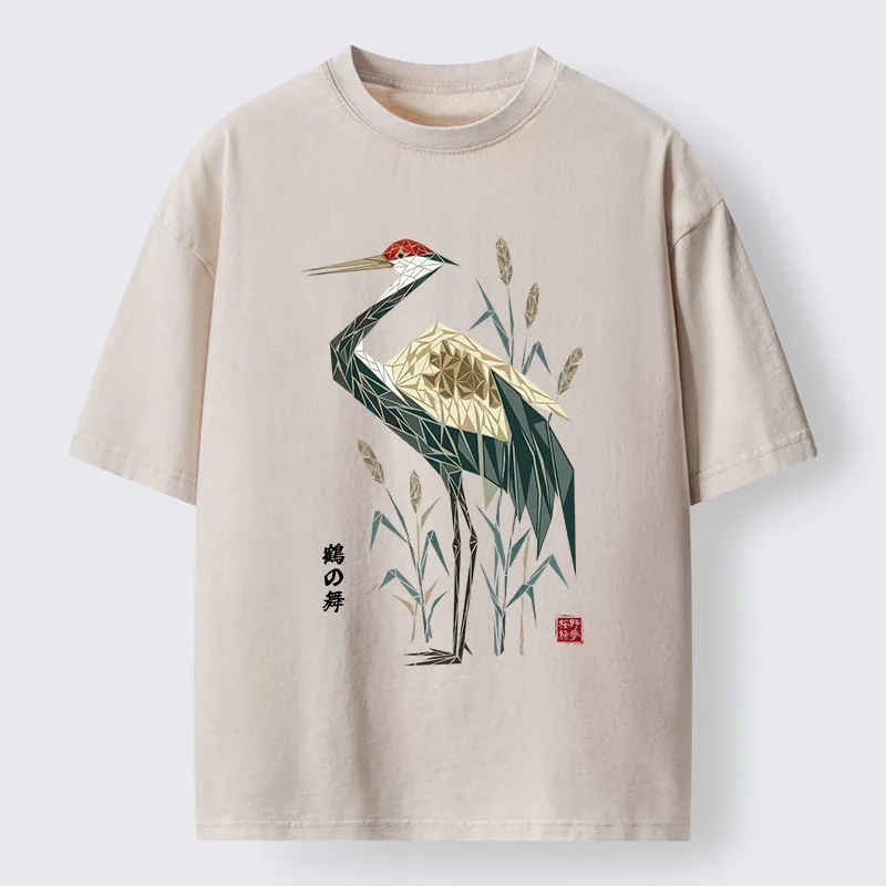 Tokyo‑Tiger Geometric Crane Oriental Art Washed T‑Shirt Sale