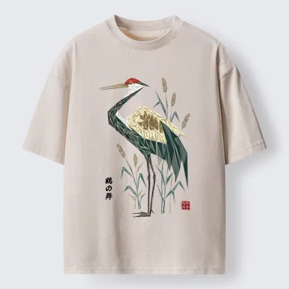 Tokyo-Tiger Geometric Crane Oriental Art Washed T-Shirt