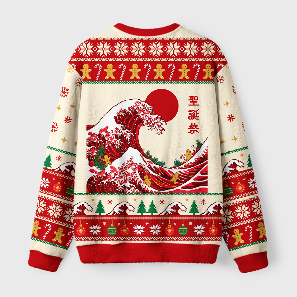 Tokyo-Tiger Gingerbread Surf Christmas Wave Fuzzy Christmas Ugly Sweatshirt