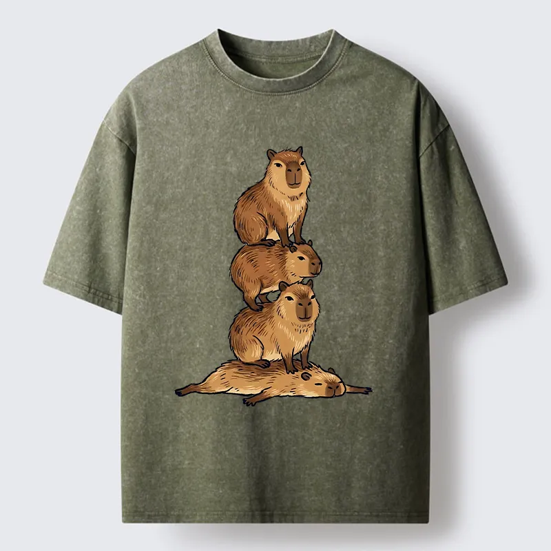 Tokyo-Tiger Chill Stack Capybara Meme Washed T-Shirt