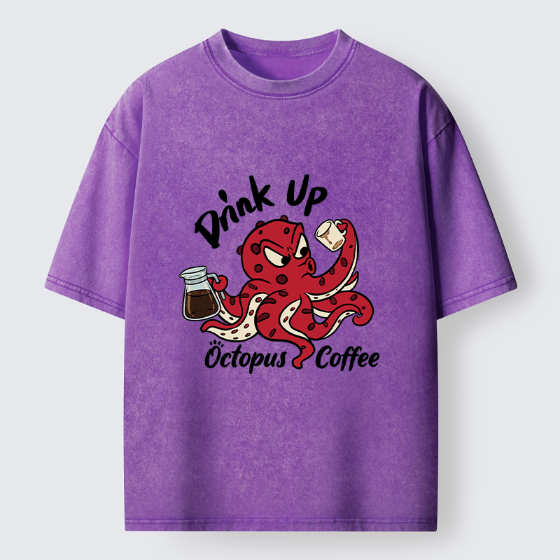 Tokyo-Tiger Red Octopus Drinking Coffee Washed T-Shirt
